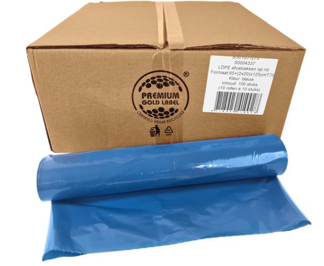 Afvalzak LDPE 65/20x125cm - 230Liter T70 blauw ( Rol 10 stuks)