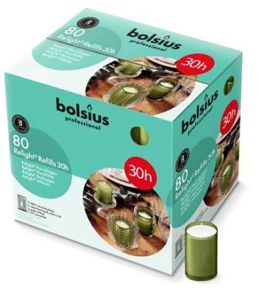 Bolsius Relight Refill Kaarsen PLUS 30 uur Olijfgroen (Doos à 80 stuks)