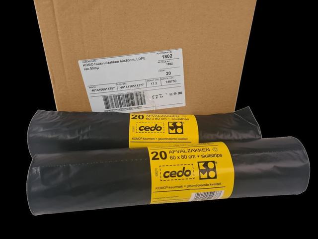 Afvalzak LDPE 60x80cm - 60Liter KOMO Grijs (rol  20 stuks)