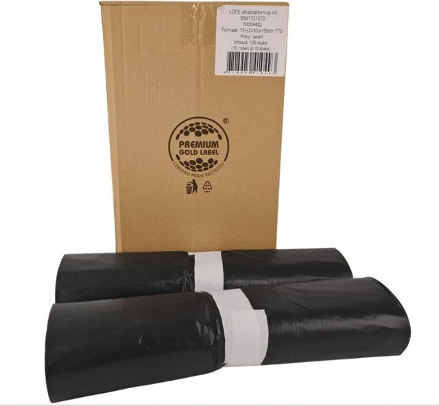 Afvalzak LDPE 75/30x150cm T70 Zwart (Doos  100 stuks)
