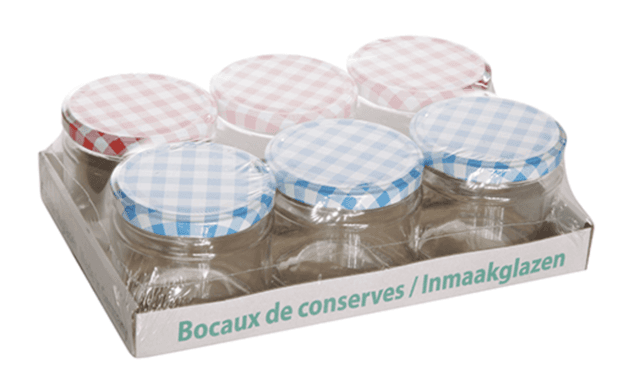 Jampot met deksel, blauw en rood 230ml 6 stuks