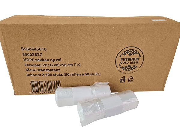 Afvalzakken HDPE Transparant 28+(2x8)x56cm T10 (2500 stuks)
