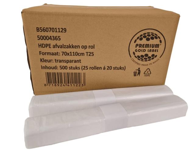 Afvalzak HDPE 70x110cm - 120Liter T25 Transparant (Rol  20 zak)