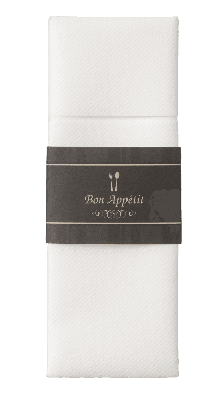 Bestekzak GastroSleeve 002 Wit airlaid servet met zwarte band Bon Appetit