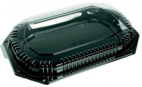 Cateringschaal rechthoekig 340x250x40mm PET zwart met deksel (Pak 5 stuks)