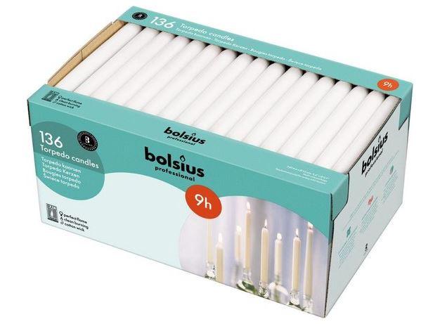 Diner kaarsen Bolsius 240/22mm Wit (Doos 136 stuks)