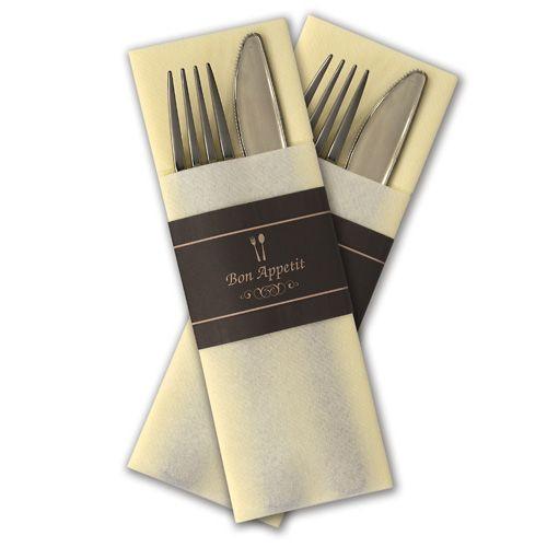 Bestekzak GastroSleeve 004 creme airlaid servet met grijze band ''Bon Appetit''
