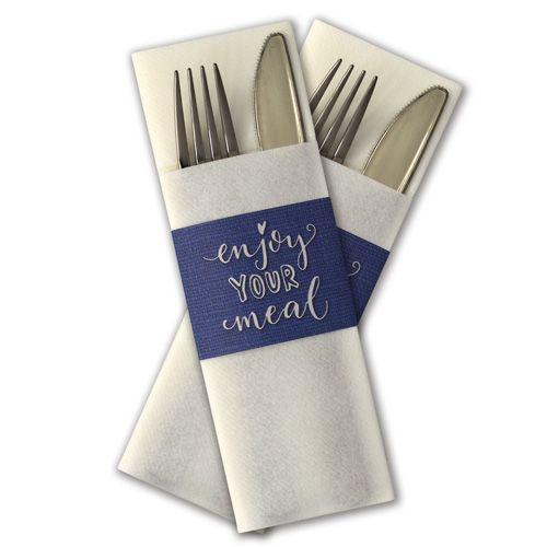 Bestekzak GastroSleeve 002 Wit airlaid servet met blauwe band Enjoy Your Meal