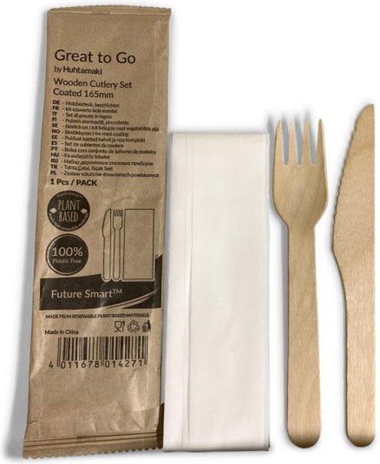 Bestekset Hout in papieren zak Mes, Vork, Servet  (Doos 250 stuks)