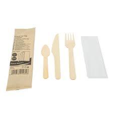 Bestekset Hout in papierenzak Mes, Vork, Koffielepel Servet  (250 stuks)